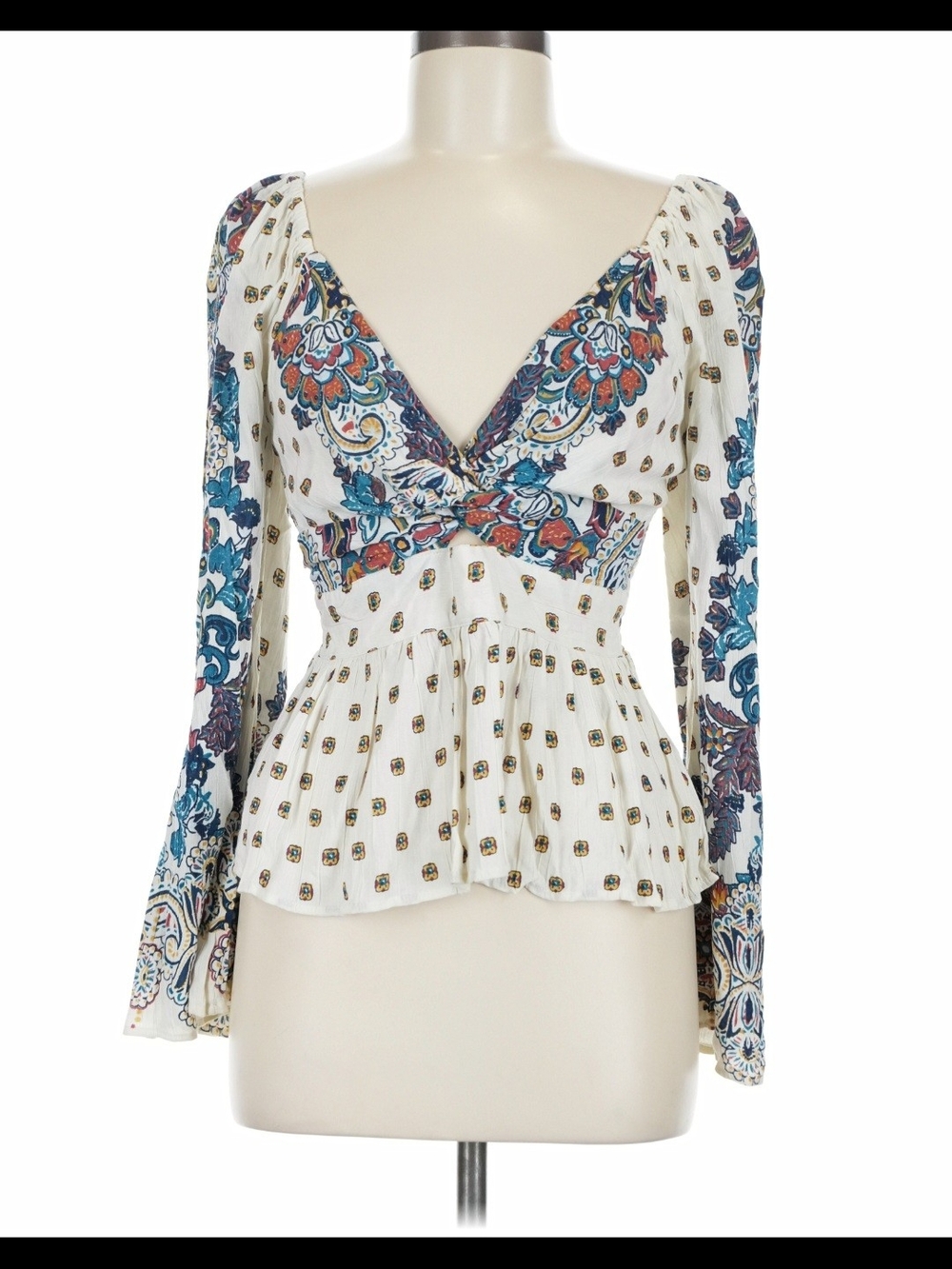 Angie Ivory Peplum V-Neck Blouse with Teal and Rust Paisley